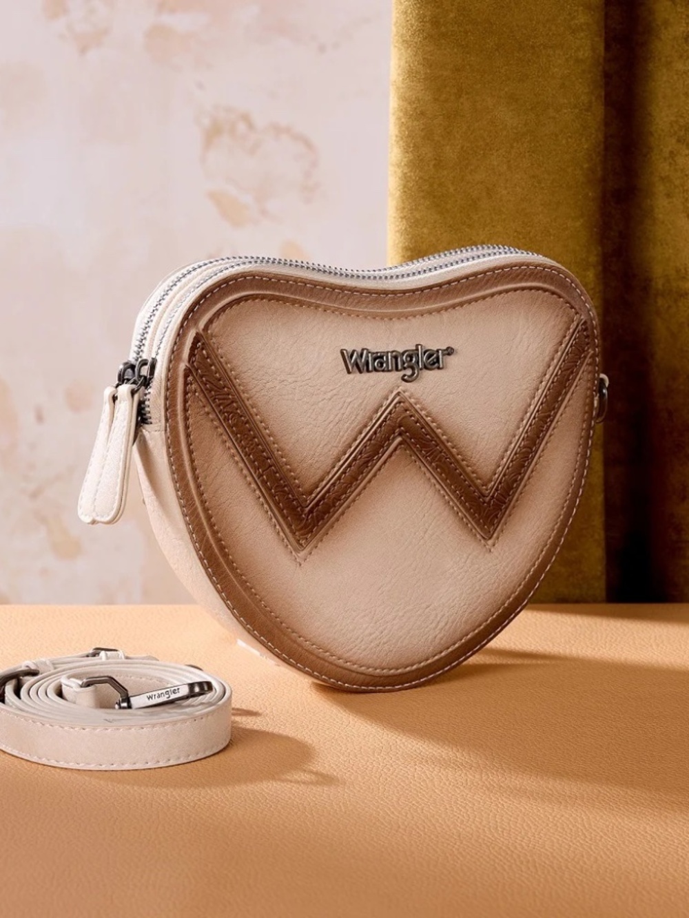 Wrangler Heart Shaped Chevron Stitch Crossbody Bag Tan